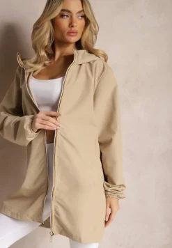 Beżowa Wiatrówka Kurtka z Zapinanymi Kieszeniami i Kapturem Caradsa