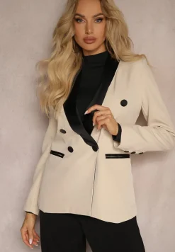 Beżowa Wieczorowa Marynarka o Taliowanym Kroju z Satynowymi Wstawkami Vianita