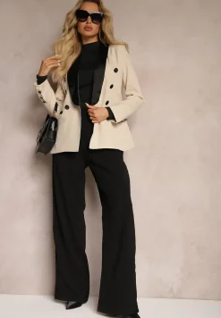 Beżowa Wieczorowa Marynarka o Taliowanym Kroju z Satynowymi Wstawkami Vianita