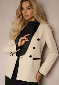 Beżowa Wieczorowa Marynarka o Taliowanym Kroju z Satynowymi Wstawkami Vianita