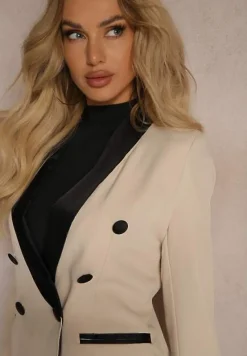 Beżowa Wieczorowa Marynarka o Taliowanym Kroju z Satynowymi Wstawkami Vianita