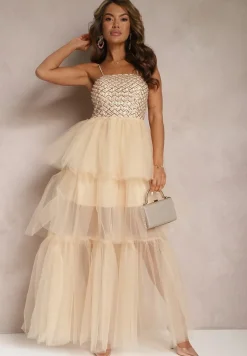 Beżowa Wieczorowa Sukienka Maxi Ozdobiona Cekinami i Falbankami z Tiulu Neptina