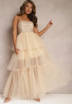 Beżowa Wieczorowa Sukienka Maxi Ozdobiona Cekinami i Falbankami z Tiulu Neptina