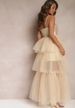 Beżowa Wieczorowa Sukienka Maxi Ozdobiona Cekinami i Falbankami z Tiulu Neptina