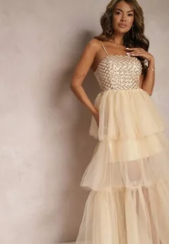 Beżowa Wieczorowa Sukienka Maxi Ozdobiona Cekinami i Falbankami z Tiulu Neptina