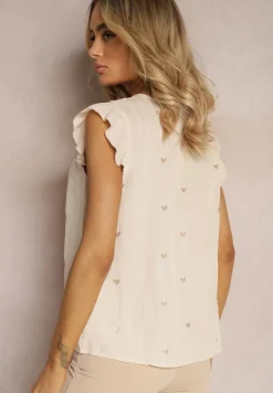 Beżowa Wiskozowa Bluzka Top z Wyhaftowanymi Serduszkami i Falbankami Darwilla
