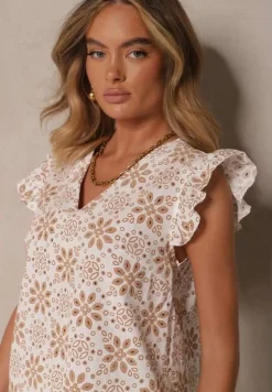 Beżowa Wiskozowa Bluzka z Lnem Zdobiona Falbankami Zirenda