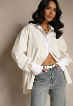 Beżowa Wiskozowa Koszula Oversize z Kieszenią i Metalicznymi Aplikacjami Liseloria