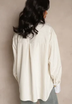 Beżowa Wiskozowa Koszula Oversize z Kieszenią i Metalicznymi Aplikacjami Liseloria