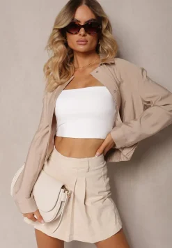 Beżowa Wiskozowa Kurtka Bomberka na Napy Ozdobiona Gumką Tiamarnia