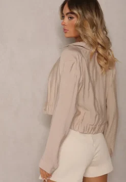 Beżowa Wiskozowa Kurtka Bomberka na Napy Ozdobiona Gumką Tiamarnia