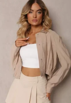 Beżowa Wiskozowa Kurtka Bomberka na Napy Ozdobiona Gumką Tiamarnia
