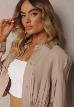 Beżowa Wiskozowa Kurtka Bomberka na Napy Ozdobiona Gumką Tiamarnia