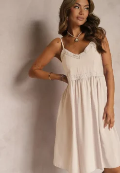 Beżowa Wiskozowa Sukienka na Regulowanych Ramiączkach z Haftem i Lampasami Nelmina