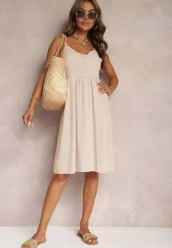 Beżowa Wiskozowa Sukienka na Regulowanych Ramiączkach z Haftem i Lampasami Nelmina