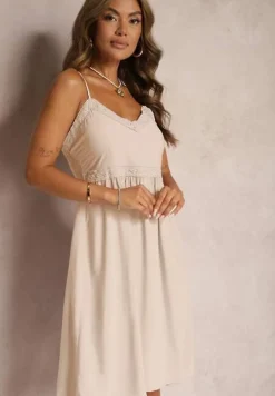 Beżowa Wiskozowa Sukienka na Regulowanych Ramiączkach z Haftem i Lampasami Nelmina