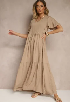 Beżowa Wiskozowa Sukienka Rozkloszowana Natonia
