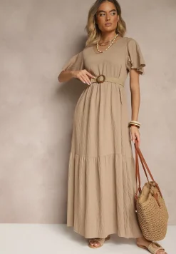 Beżowa Wiskozowa Sukienka Rozkloszowana Natonia