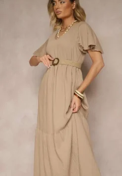 Beżowa Wiskozowa Sukienka Rozkloszowana Natonia