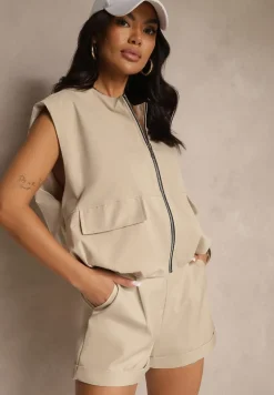 Beżowa Zasuwana Kamizelka z Soroną ze Ściągaczem i Kieszeniami z Klapami Fevalore