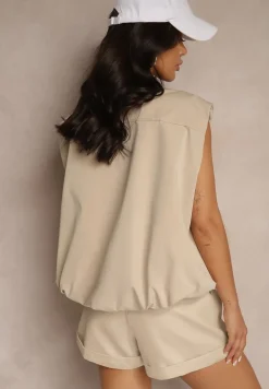 Beżowa Zasuwana Kamizelka z Soroną ze Ściągaczem i Kieszeniami z Klapami Fevalore