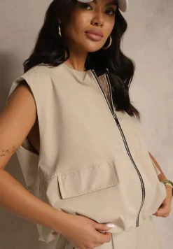 Beżowa Zasuwana Kamizelka z Soroną ze Ściągaczem i Kieszeniami z Klapami Fevalore