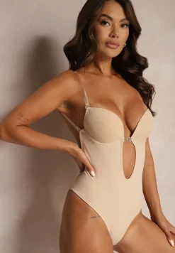 Beżowe Asymetryczne Body Bieliźniane na Transparentnych Ramiączkach Ciaelle