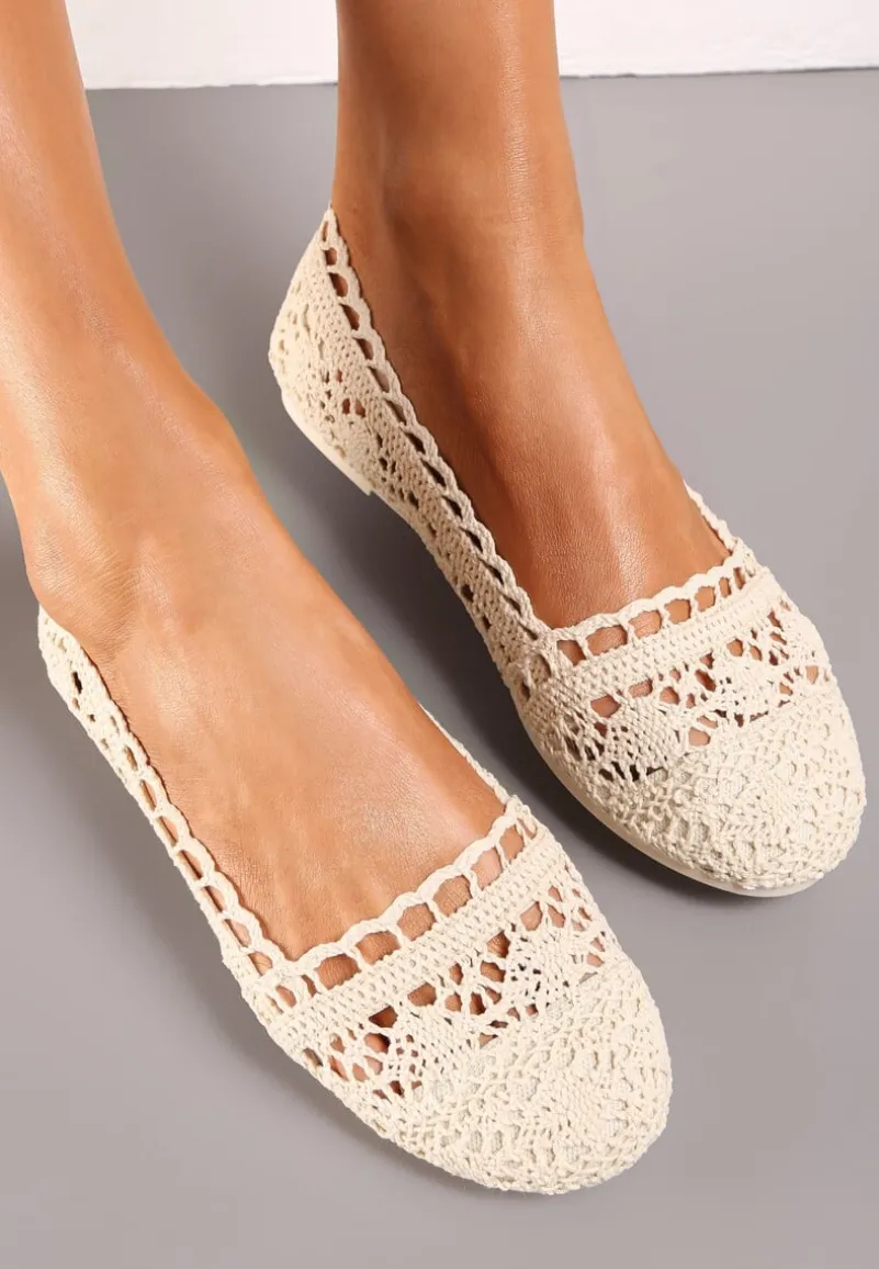 Beżowe Ażurowe Balerinki na Płaskiej Podeszwie Atley