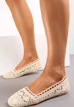 Beżowe Ażurowe Balerinki na Płaskiej Podeszwie Atley