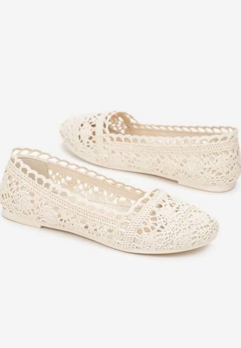 Beżowe Ażurowe Balerinki na Płaskiej Podeszwie Atley