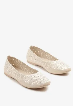 Beżowe Ażurowe Balerinki Vices z Haftem w Kwiaty Efasania