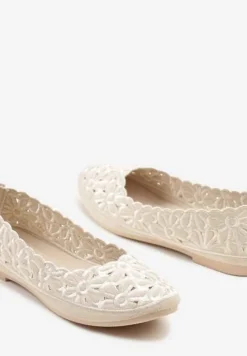 Beżowe Ażurowe Balerinki Vices z Haftem w Kwiaty Efasania