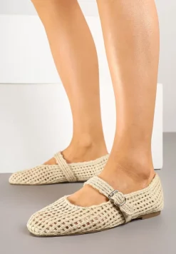 Beżowe Ażurowe Balerinki w Stylu Mary Jane z Plecioną Cholewką Deraelle