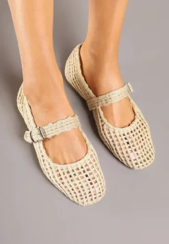 Beżowe Ażurowe Balerinki w Stylu Mary Jane z Plecioną Cholewką Deraelle