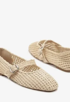 Beżowe Ażurowe Balerinki w Stylu Mary Jane z Plecioną Cholewką Deraelle