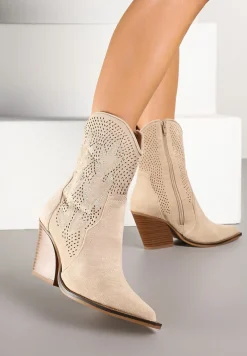 Beżowe Ażurowe Botki Kowbojki na Stożkowym Obcasie Leanorin