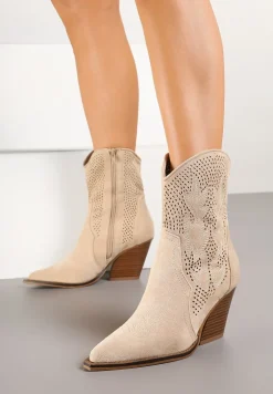 Beżowe Ażurowe Botki Kowbojki na Stożkowym Obcasie Leanorin