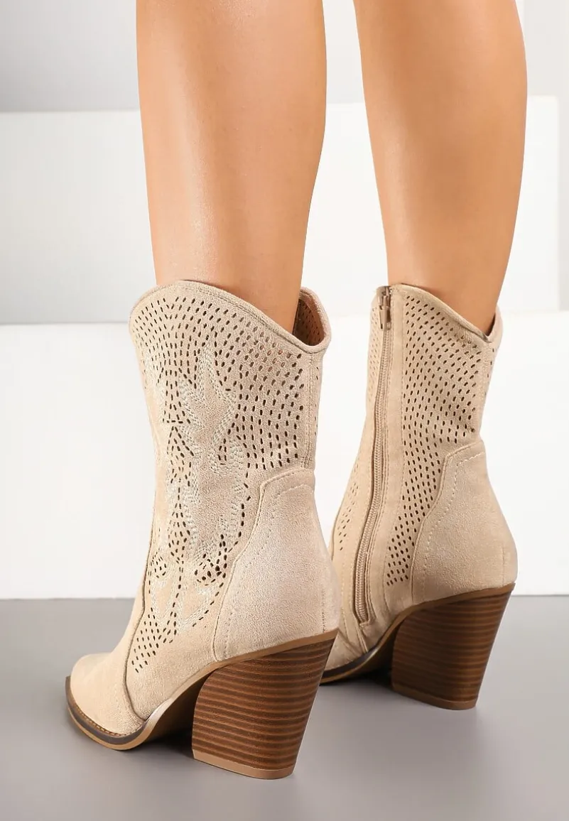 Beżowe Ażurowe Botki Kowbojki na Stożkowym Obcasie Leanorin