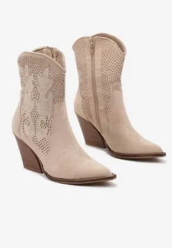 Beżowe Ażurowe Botki Kowbojki na Stożkowym Obcasie Leanorin