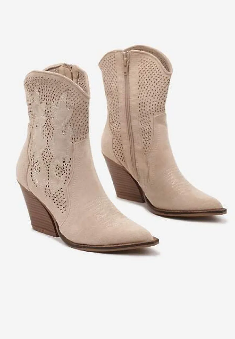 Beżowe Ażurowe Botki Kowbojki na Stożkowym Obcasie Leanorin
