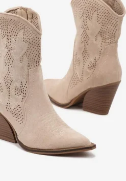Beżowe Ażurowe Botki Kowbojki na Stożkowym Obcasie Leanorin