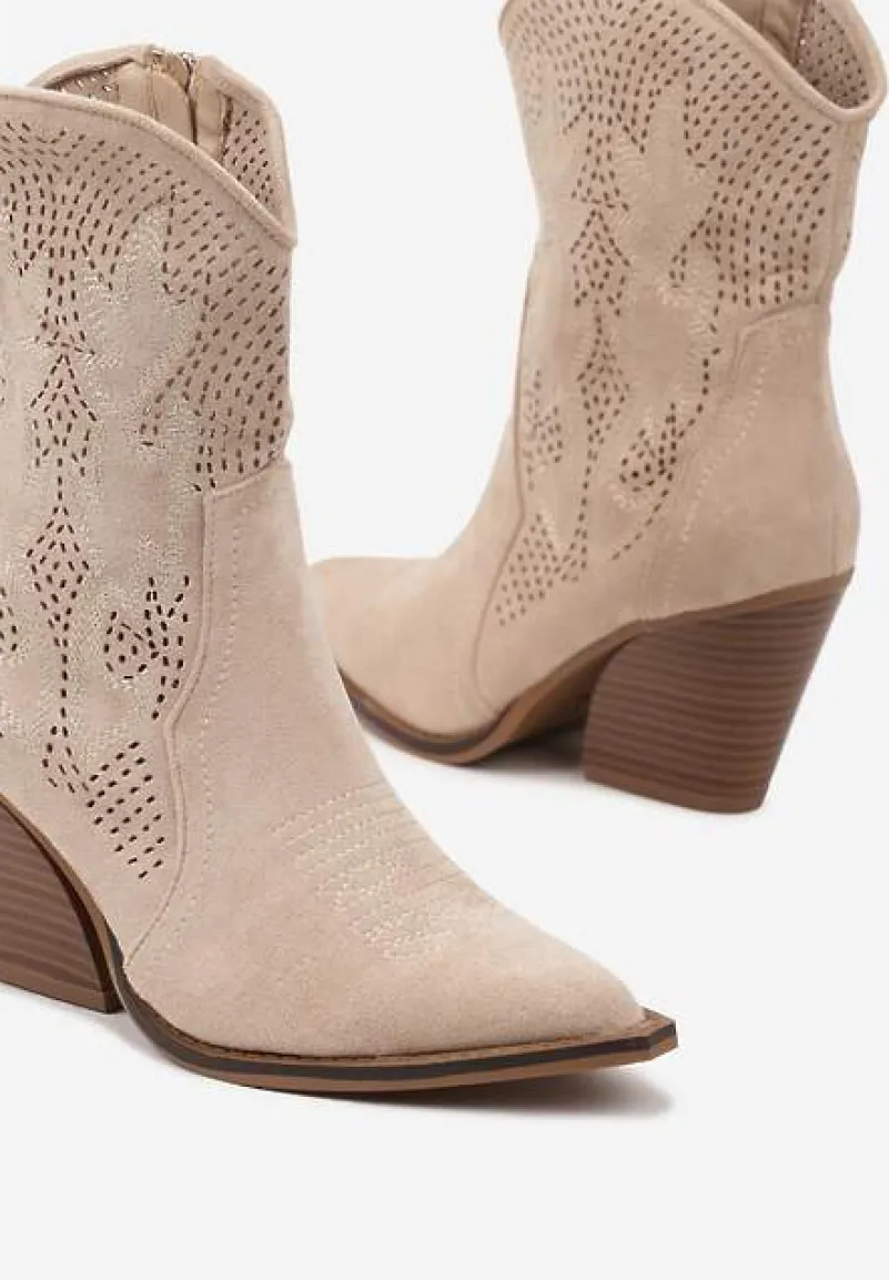 Beżowe Ażurowe Botki Kowbojki na Stożkowym Obcasie Leanorin