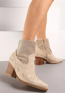Beżowe Ażurowe Botki Kowbojki na Stożku Ozdobione Haftowanymi Wstawkami Sais