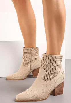 Beżowe Ażurowe Botki Kowbojki na Stożku Ozdobione Haftowanymi Wstawkami Sais