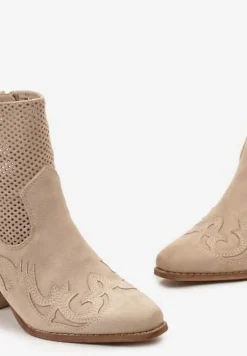Beżowe Ażurowe Botki Kowbojki na Stożku Ozdobione Haftowanymi Wstawkami Sais