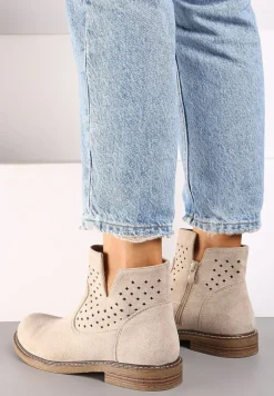 Beżowe Ażurowe Botki na Płaskiej Podeszwie ze Skórzaną Wkładką Terilara