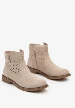 Beżowe Ażurowe Botki na Płaskiej Podeszwie ze Skórzaną Wkładką Terilara
