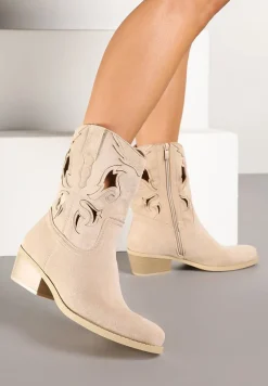 Beżowe Ażurowe Botki na Stożku w Stylu Kowbojek Felenora