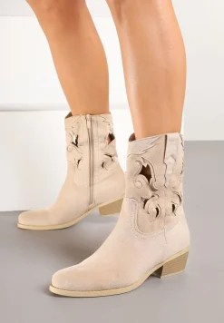 Beżowe Ażurowe Botki na Stożku w Stylu Kowbojek Felenora