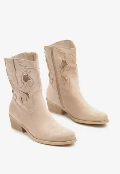 Beżowe Ażurowe Botki na Stożku w Stylu Kowbojek Felenora